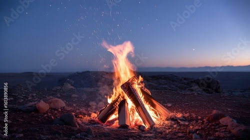 A mesmerizing campfire burning brightly under a starlit sky, with glowing embers, radiating warmth and creating an inviting ambiance.