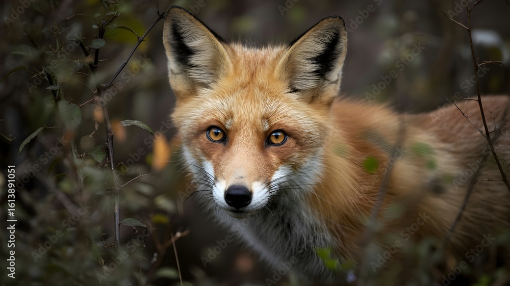 Obraz premium A captivating close-up of a red fox, its eyes focused directly at the viewer, partially concealed within the foliage. The fox's vibrant fur and intelligent gaze make for a stunning portrait.