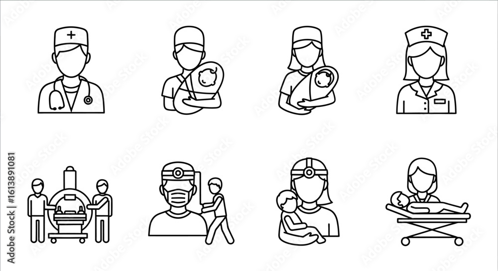 Medical staff and healthcare workers outline vector icons Medical staff and healthcare workers outline vector icons