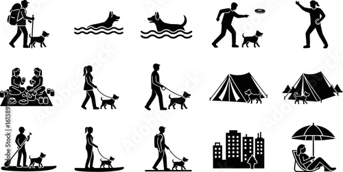 Dog friendly activities outdoors and travel vector icons