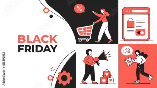 Black friday shopping event with people promoting deals and online shopping featuring shopping carts bags and a percentage discount symbol