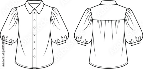 Blouse fashion sketch front and back views, puffed sleeves, button-down front, gathered cuffs, collar design, yoke with gathers, stylish garment