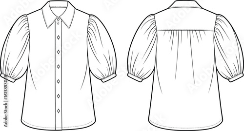 Blouse front and back view illustration, puff sleeves, button-down design, collared neckline, gathered details, garment sketch, fashion apparel drawing