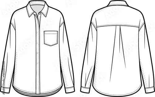 Button-up shirt front and back view illustration, collar, chest pocket, curved hem, center pleat, long sleeves, garment sketch, fashion design