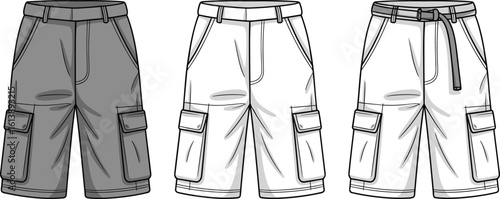 Cargo shorts fashion illustration, three styles, multi-pocket design, belt loop detail, side flap pockets, men’s casual wear sketch, garment concept