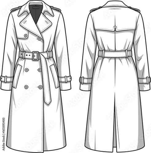 Classic trench coat front and back view, fashion illustration, belted design, buttoned pockets, epaulets, stylish outerwear, apparel drawing, garment concept