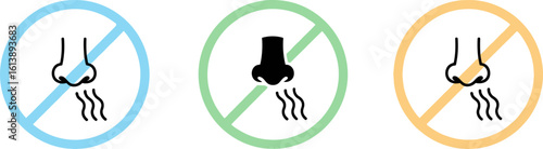 Three icons representing no smell or bad odor in different colors