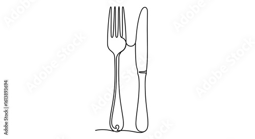 Continuous line drawing of fork and knife utensils  