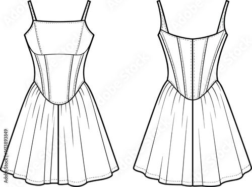 Fashion dress technical drawing, front and back view, square neckline, flared skirt illustration, garment design sketch, apparel blueprint style