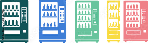 Four colorful vending machines filled with bottled drinks on a white background