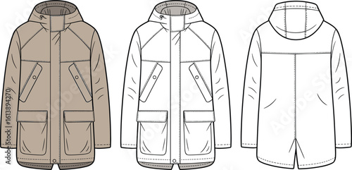 Jacket fashion illustration, hooded design, front and back views, flap pockets, beige outerwear sketch, garment drawing, zipper closure style