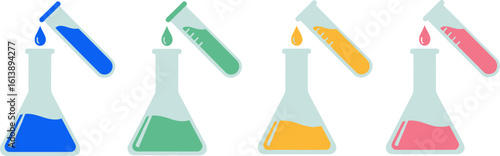 Colorful science experiment with droplets falling into flasks
