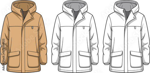 Jacket illustration front and back view, hooded design, zipper closure, tan and white colors, pocket details, fashion sketch, casual outerwear