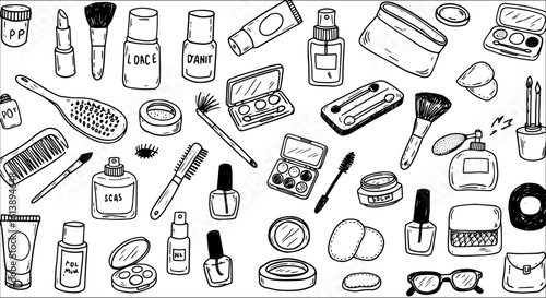 Hand-drawn doodle illustration of various beauty and personal care products, including makeup, skincare, hair tools, and accessories, perfect for a pattern or background.