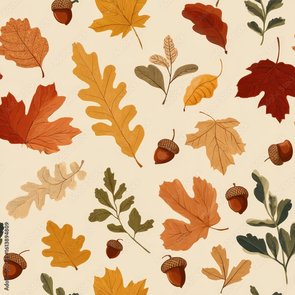Obraz premium Fall foliage pattern colorful autumn leaves & acorns scattered on a neutral background