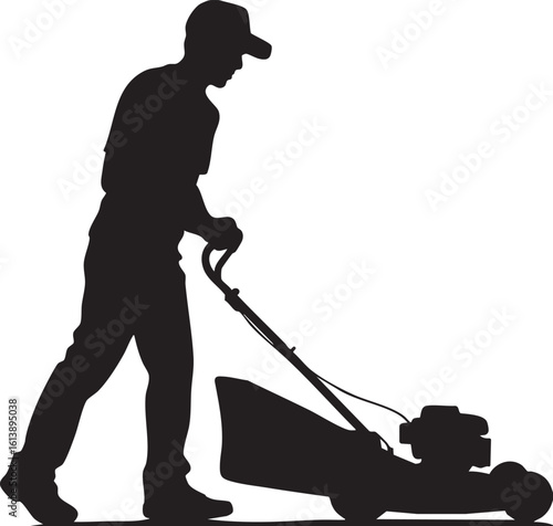 Man Mowing Lawn with Lawnmower Silhouette Vector Design, Transparent Background.