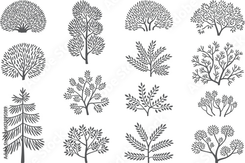 Stylized tree and shrub illustrations, monochrome foliage designs, abstract botanical elements, plant silhouette collection, nature art for design projects