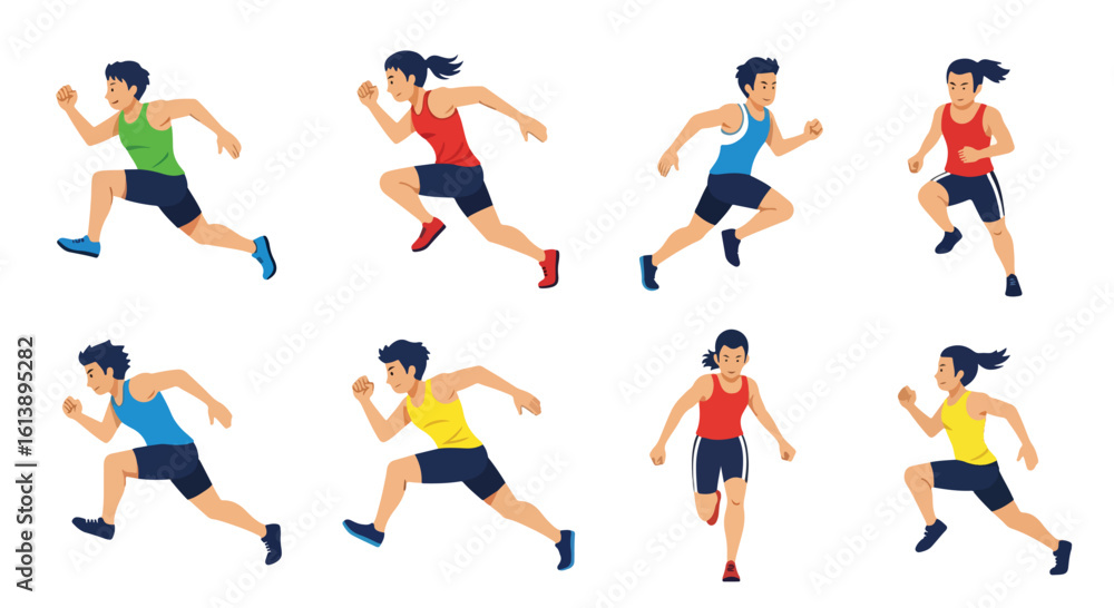 flat style illustration set of diverse sprinters in various dynamic running poses, capturing the speed and energy of track and field athletes in action
flat style illustration set of diverse sprinters in various dynamic running poses, capturing the speed and energy of track and field athletes in action