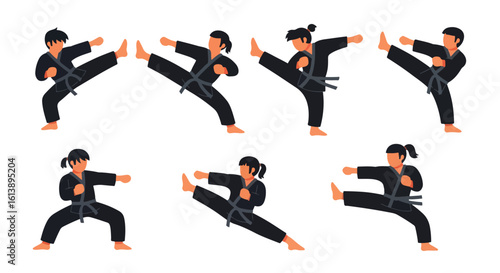 flat style illustration set of karate combat sports players in various dynamic martial arts poses, including kicks and punches, showcasing discipline and strength