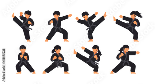 flat style illustration set of karate combat sports players in various dynamic martial arts poses, including kicks and punches, showcasing discipline and strength