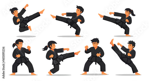 flat style illustration set of karate combat sports players in various dynamic martial arts poses, including kicks and punches, showcasing discipline and strength