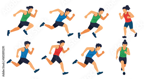 
flat style illustration set of diverse sprinters in various dynamic running poses, capturing the speed and energy of track and field athletes in action