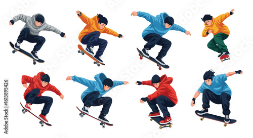 flat style illustration set of skateboarders performing various tricks and poses, capturing the energetic spirit of skateboarding culture and urban sports