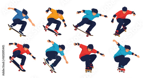 flat style illustration set of skateboarders performing various tricks and poses, capturing the energetic spirit of skateboarding culture and urban sports