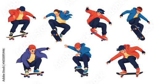 flat style illustration set of skateboarders performing various tricks and poses, capturing the energetic spirit of skateboarding culture and urban sports