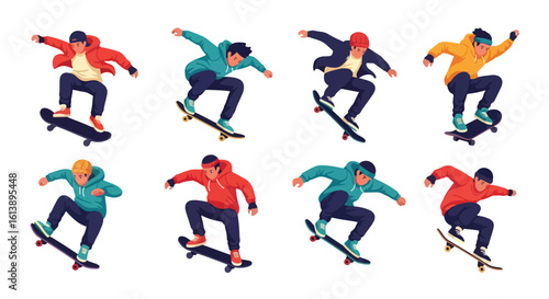 flat style illustration set of skateboarders performing various tricks and poses, capturing the energetic spirit of skateboarding culture and urban sports