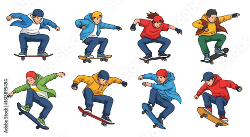 flat style illustration set of skateboarders performing various tricks and poses, capturing the energetic spirit of skateboarding culture and urban sports