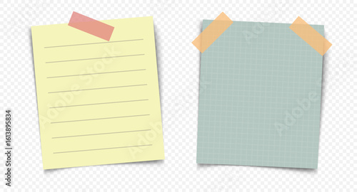 Sticky paper notes with tape on transparent background, lined and grid sheet design for collage, scrapbooking or reminder layout