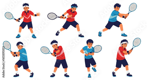 
flat style illustration set of tennis players in various dynamic poses like serving, forehand, and backhand shots, showcasing the energy and skill of the sport