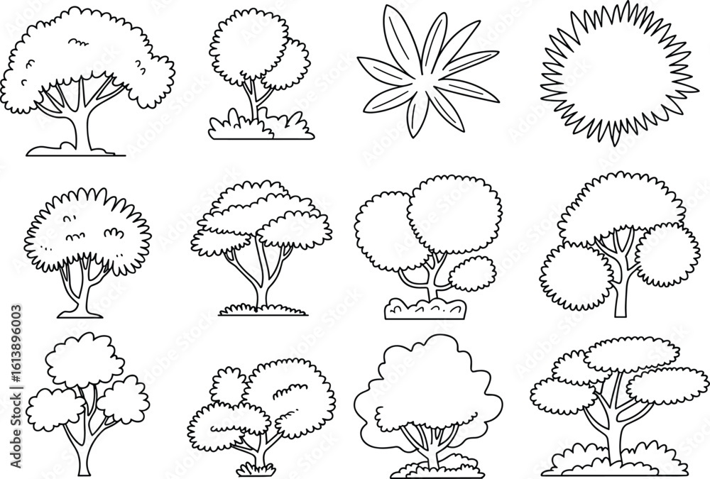 Obraz premium Tree and plant illustration set, varied foliage, trunk design, nature drawing, botanical art, forest elements, black and white style, sketch collection