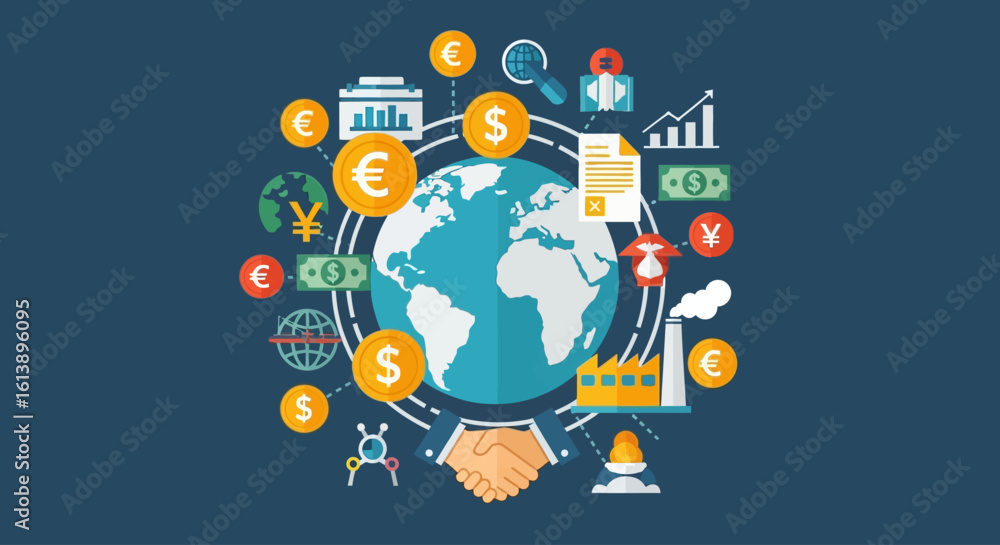 Fototapeta premium Global business partnership visualized with currency symbols, a handshake, and industry icons circling the Earth.