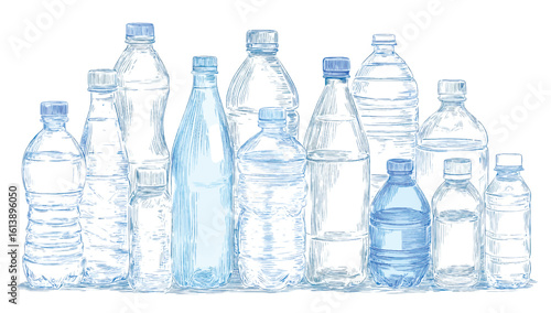 Hand Drawn Illustration of Water Bottles Promoting Hydration and Environmental Awareness for a Sustainable Future emphasizing purity and healthy living