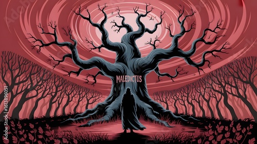 Gnarled ancient tree stands dominantly amidst a surreal swirling red sky and barren forest