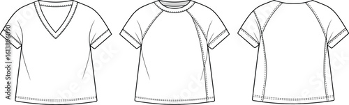 T-shirt technical drawing front and back, V-neck, crew neck, raglan sleeves, stitching lines, garment construction, fashion sketch, apparel design
