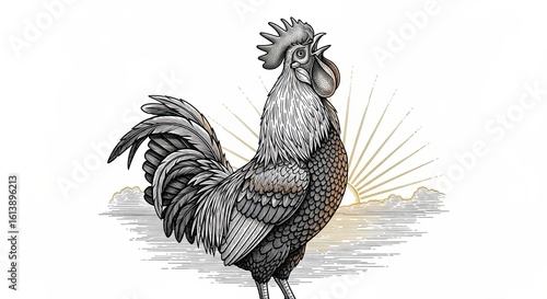 A rooster crowing at sunrise, detailed engraved lines