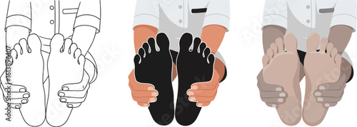 Three stages of foot care showing sketch insole and stylish shoe
