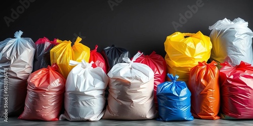 Full set of plastic trash bags in various sizes, ready for waste disposal,  plastic waste,  trash can liners