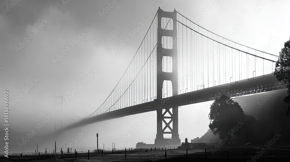 Fototapeta premium Foggy monochrome view of iconic bridge