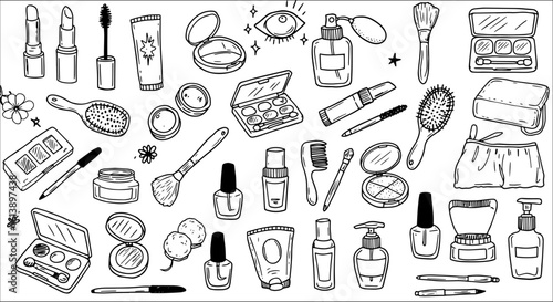 Hand-drawn doodle illustration set featuring a variety of beauty and makeup products like lipsticks, mascara, eyeshadows, brushes, perfumes, and skincare essentials.