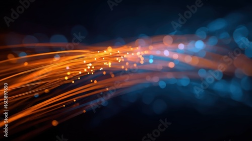 Abstract illustration of orange and blue fiber optic light trails, with sparkling particles. The dynamic composition creates a sense of technology and interconnectedness.