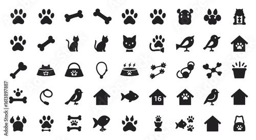 Collection of Black Pet-Related Icons: Paws, Bones, Cats, Birds, Houses, and Toys