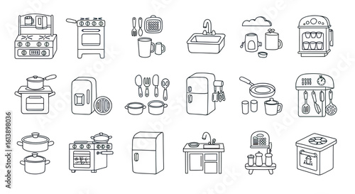 Collection of Line Art Kitchen Appliances and Utensils