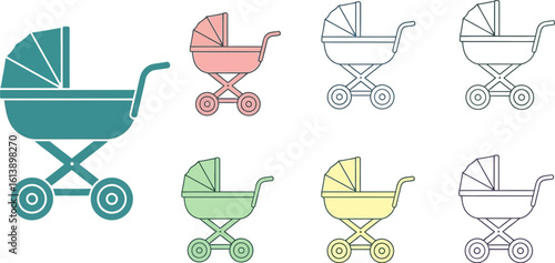 Collection of stylized baby strollers in various colors and outline designs