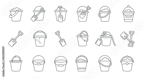 Sand bucket and shovel line icon set. Minimalist outline illustrations of beach toys, pails, and spades.
