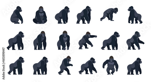 Collection of flat design gorilla illustrations in various poses, showcasing dark grey fur and brown head details.