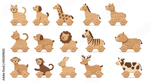 Cute collection of various wooden animal toys on wheels with natural wood grain texture.